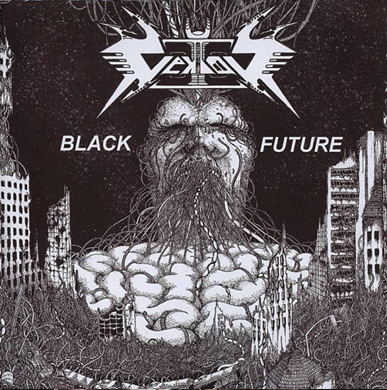 LE CYBORG : Je regroupe ces 2 albums « Black Future » de VEKTOR et « Nothingface » de VOIVOD car les 2 artworks prèsentent des similitudes tant sur la forme (prèsentation) que sur le fond (visage, circuits, câbles reliant le cyborg à  son environnement).

« Black Future » de VEKTOR :